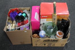 Two boxes containing Christmas decorations, signed miniature cricket bat (signed by David Gower,