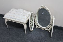 A white and gilt triple dressing table mirror together with a white and gilt upholstered dressing