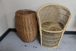 A wicker tub chair and a wicker laundry basket