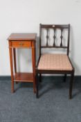 A Regency style mahogany dining chair together with a mahogany two tier stand fitted a drawer