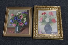 Two gilt framed oils on canvas - still life's CONDITION REPORT: 29cm by 39cm,