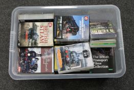 A box of DVDs and DVD box sets relating to railways