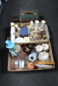 Two boxes containing a Venetian glass figure (a/f), china tea service, glass ware,