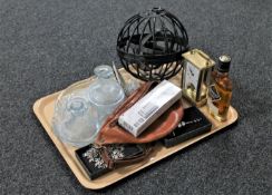A tray of Art Deco trinket set, German Shatz mantel clock, bottle of Kenmore blended Scotch whisky,