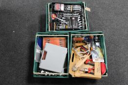 Three plastic crates containing assorted hand tools