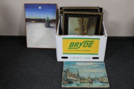 A box of continental pictures and prints including framed oils,