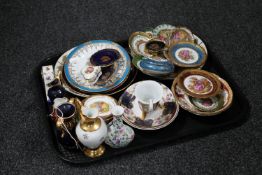 A tray of a collection of china to include Limoges cabinet plates, trinket boxes,