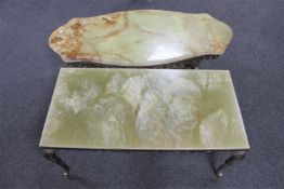 A shaped onyx coffee table on a brass base together with an onyx effect coffee table on a brass