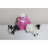 A Coalport figure - Joanne and two Beswick figures - sheep dog and ram
