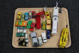 A tray of play-worn die cast vehicles, Corgi, Dinky etc,