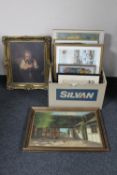 A box containing continental pictures and prints including framed needlework panels,