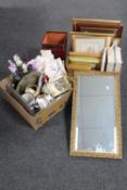 Two boxes of assorted framed prints, mid 20th century sewing box with contents, table linen,