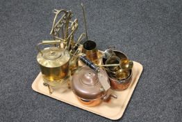 A tray of assorted brass and copper wares to include teapots, companion set on stand,