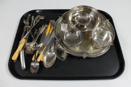 A tray of silver plated tray, butter knives, strainer, pair of Elkington table spoons,