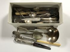A collection of cutlery, antique silver handled items, teaspoons, silver plated examples also.