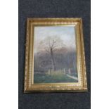A gilt framed continental school on canvas - gate with woodland beyond,