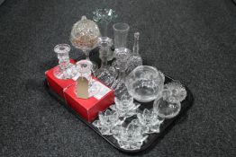 A tray of assorted glass ware - candlesticks, candle holders, glass vases,