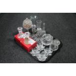 A tray of assorted glass ware - candlesticks, candle holders, glass vases,