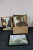 A box of assorted continental school pictures and prints - oils on canvas,