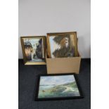A box of assorted continental school pictures and prints - oils on canvas,