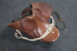 A brown leather saddle