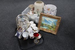 Two boxes of assorted tea china - Royal Albert Country Roses, ribbon mantel clock, figures,