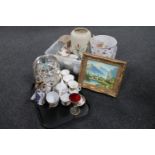 Two boxes of assorted tea china - Royal Albert Country Roses, ribbon mantel clock, figures,