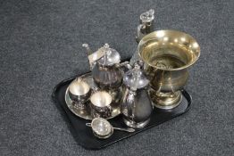 A tray of assorted plated wares to include four piece tea service, card tray, ice bucket,