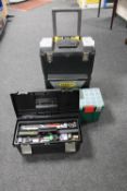 A Stanley mobile work centre together with two further plastic tool boxes containing hand tools