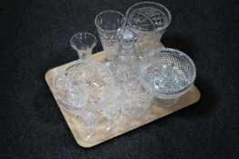 A tray of assorted glass ware including lead crystal decanter, six liqueur glasses, vases, bowl,