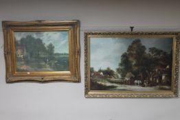 A gilt framed oil on board, rural village scene,