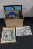 A box of assorted continental school pictures and prints - pencil drawings, oils on canvas,