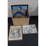 A box of assorted continental school pictures and prints - pencil drawings, oils on canvas,