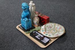 A tray of oriental wares including jade statue of Guanyin, Canton famille rose dish (a.