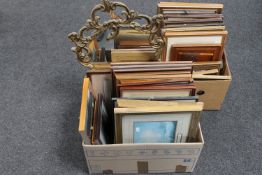 Two boxes containing a large quantity of assorted framed pictures and prints, copper panel,