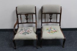 A near pair of Victorian mahogany bedroom chairs in floral tapestry fabric