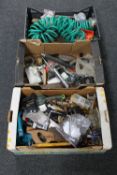 Two boxes and a crate containing vintage hand tools and accessories