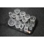 A tray of assorted glass ware - two decanters with stoppers, drinking glasses,