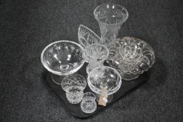 A tray of assorted glass ware - lead crystal and cut glass vases, comports, flower holder,