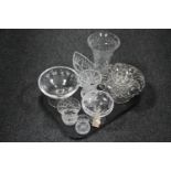 A tray of assorted glass ware - lead crystal and cut glass vases, comports, flower holder,