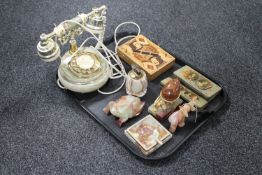 A tray of onyx pieces - telephone, table lighter, ash tray, animal ornaments and a treen card box,