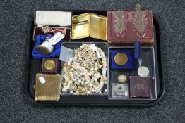 A tray of gilt metal cased Illinois Watch Company pocket watch, Royal Order medal, coins,