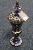 A Victorian blue glass enamelled hand painted lidded vase, height 34.5 cm.