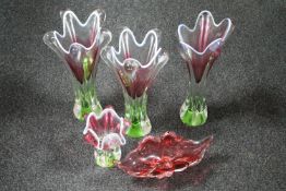 Five pieces of Venetian coloured glass ware