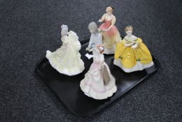 A tray of Lladro figure of a girl (a/f) and four Royal Doulton figures - Yours Forever HN 3384,