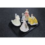 A tray of Lladro figure of a girl (a/f) and four Royal Doulton figures - Yours Forever HN 3384,