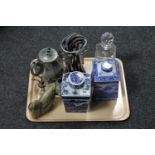A tray of art glass, cut glass decanter with stopper, pewter teapot, onyx figure of a swan,