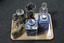 A tray of art glass, cut glass decanter with stopper, pewter teapot, onyx figure of a swan,