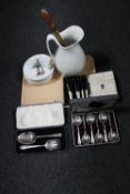 A tray of pottery wash jug, brass rose sprayer, cased servers and spoons,