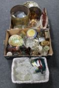 Two boxes and a basket of assorted glass ware, brass embossed coal bucket,